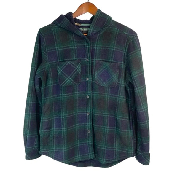 REALTREE Plaid Fleece Hooded Shirt Jacket Navy Green Sherpa Lined Pockets Size S - Picture 2 of 15
